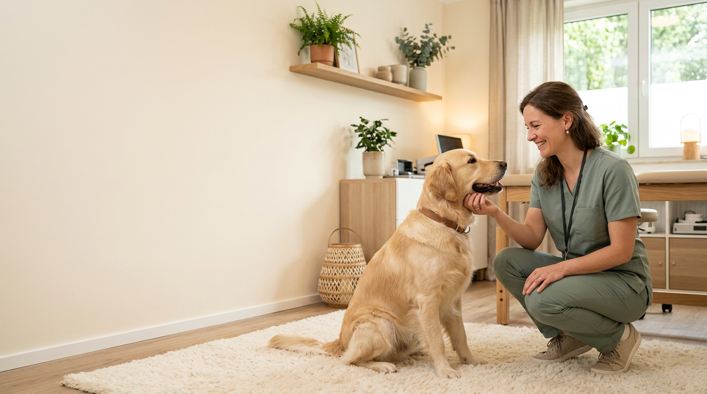 Tierärztin in einer freundlichen Praxissituation mit einem Hund